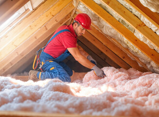 Construction worker installing pink insulation material in house attic