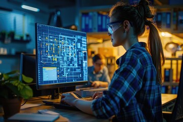 Female designer works late on computer with colleagues in background.