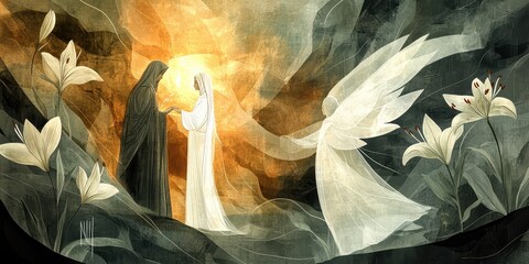 Religious calendar art for March 25 - Annunciation: symbolic light between Mary and Gabriel, lilies nearby, muted color scheme, calendar date marked