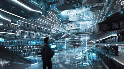 Man Exploring a Futuristic Digital Library