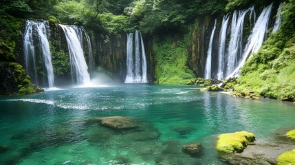 Naklejka premium A crystal-clear waterfall cascading into a turquoise pool, encircled by lush greenery and moss-covered rocks
