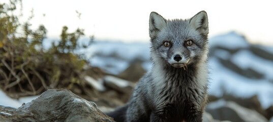 Naklejka premium Close-up Portrait of a Majestic Arctic Fox With Silver Fur, Against a Blurry Mountain Background