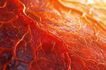 A close-up view of intricate red blood vessels illuminated by warm light, showcasing detailed textures and organic patterns during a vibrant and dynamic moment