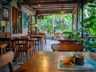 Fototapeta premium Cozy Cafe with Lush Green Background