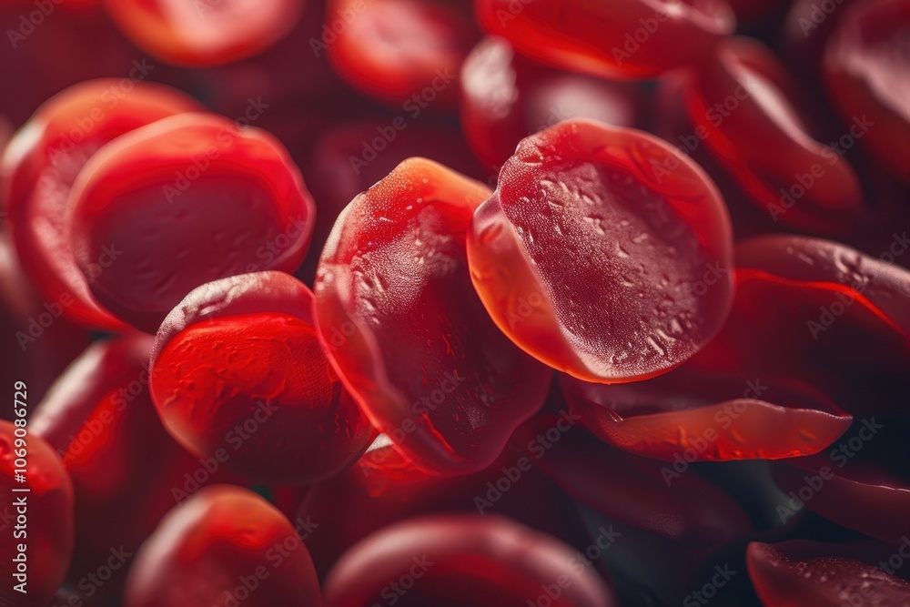 Poster close-up view of red blood cells showcasing their biconcave structure under magnification in a labor