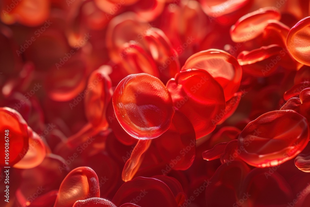 Poster Close-up view of red blood cells showcasing their biconcave structure under magnification in a laboratory setting