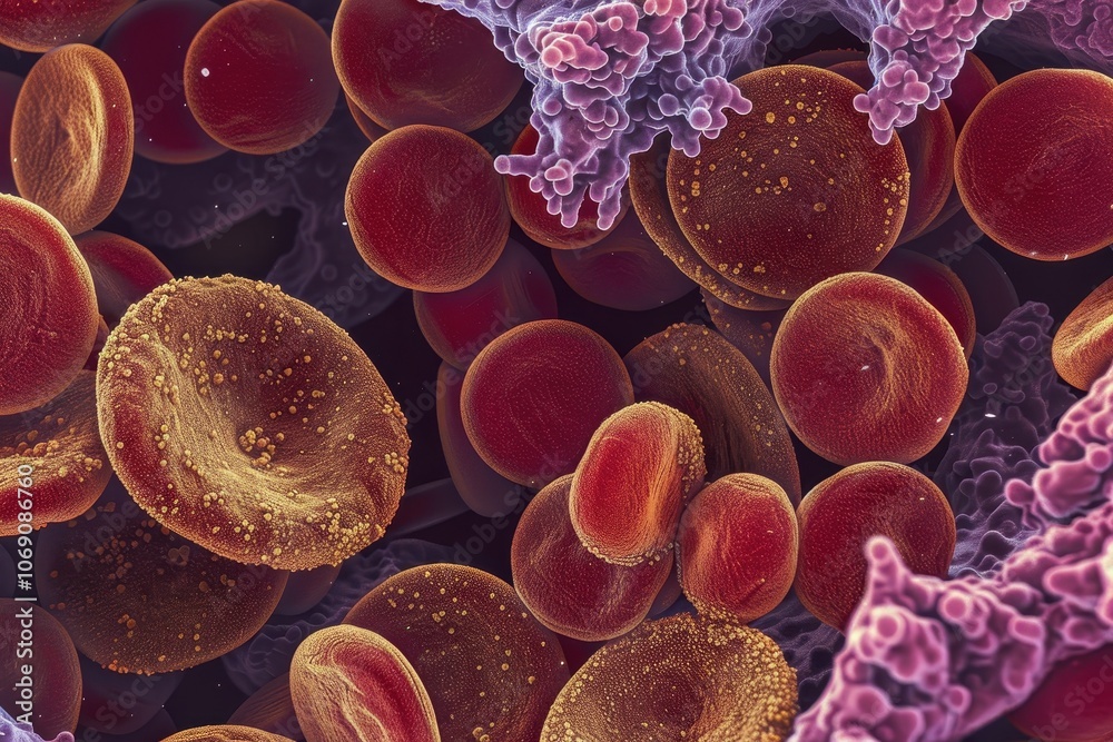 Poster close-up view of red blood cells showcasing their biconcave structure under magnification in a labor