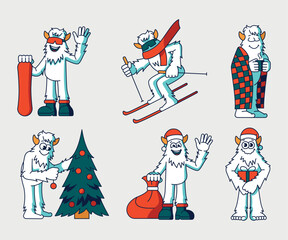 Yeti character: skiing, snowboarding, decorating a Christmas tree, with Christmas gifts color line illustartions.