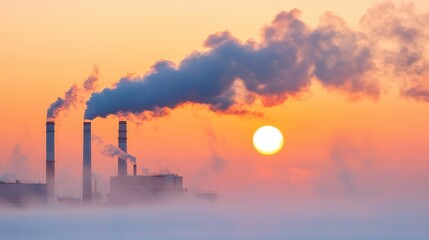 Fototapeta premium Industrial smokestacks emit smoke against a backdrop of a colorful sunrise, highlighting the contrast between nature and pollution.
