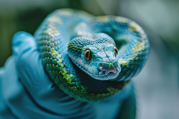 Fototapeta premium Veterinarian holding green tree python during checkup