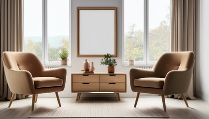 Fototapeta premium Stylish home interior armchairs and drawer near window. Mockup frame