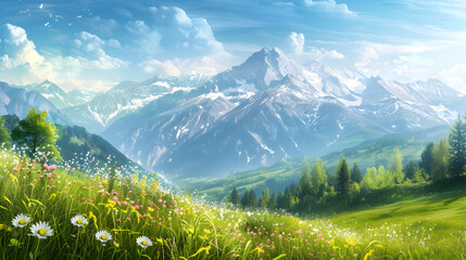 Scenic Alpine Landscape with Green Meadows, Flowers, and Majestic Snowcapped Mountains
