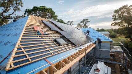 Workers installing solar panels on a rooftop of a modern home