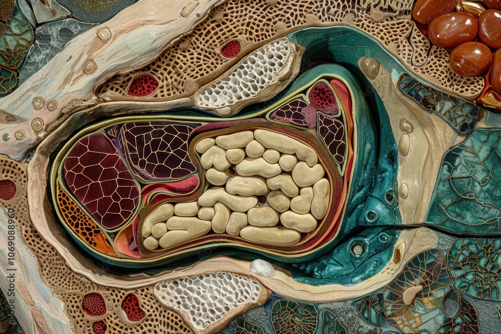 Poster Intricate microscopic structure showcasing cellular components and textures in a vibrant representation of biological tissue layers