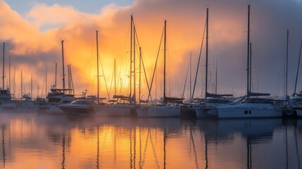 Serene marina at sunrise with boat reflecting on the water amidst fog and vibrant cloud.