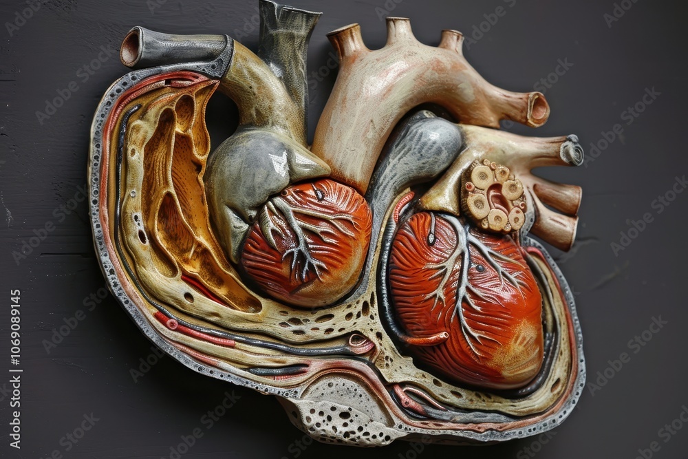 Poster A colorful and detailed anatomical depiction of the human heart and circulatory system displayed on a dark background, emphasizing the structure and function of vital organs in education