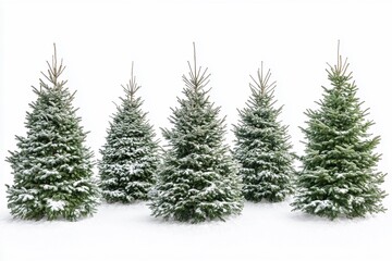 Fluffy green Christmas trees in the snow on a white background