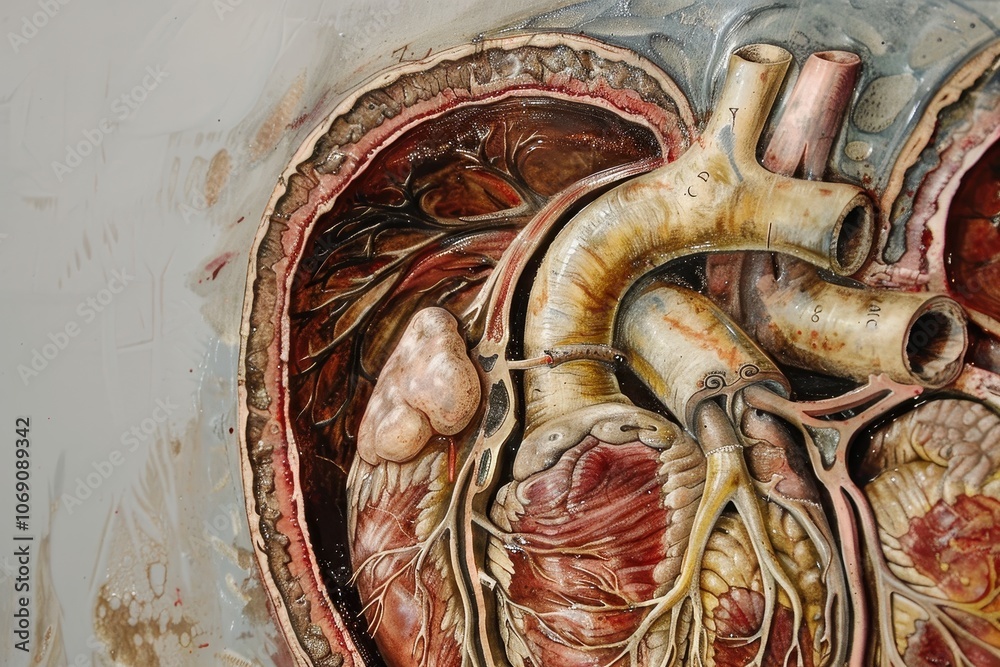 Poster A colorful and detailed anatomical depiction of the human heart and circulatory system displayed on a dark background, emphasizing the structure and function of vital organs in education