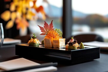 A beautifully arranged sushi platter featuring vibrant garnishes and an elegant presentation, set against a serene backdrop of nature.
