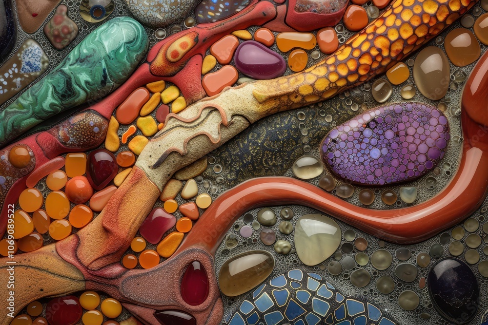 Poster A colorful abstract design featuring a variety of textures and shapes, showcasing vibrant stones and fluid lines in intricate patterns during daylight