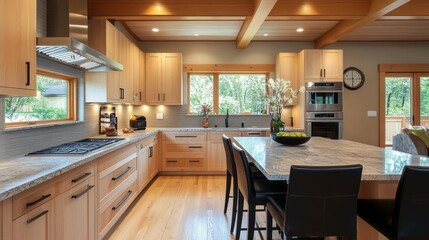 Fototapeta premium Modern Kitchen with Wood Cabinets, Granite Countertops, and a Stainless Steel Range Hood