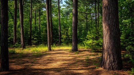 Fototapeta premium A dense pine forest features towering trees and a soft forest floor blanketed with pine needles, creating a serene and natural woodland environment.