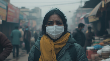 Indian woman wears face mask to protect herself from smog and dust in city