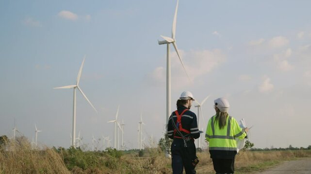 Back view of renewable energy engineers working on wind turbine projects. Technician workers using tablet work outdoors at windmill farms. Engineer research clean ecology and environment green energy.