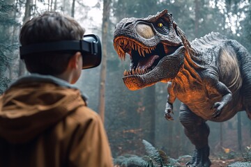 Naklejka premium A young boy experiences a virtual reality encounter with a roaring dinosaur in a lush, green forest