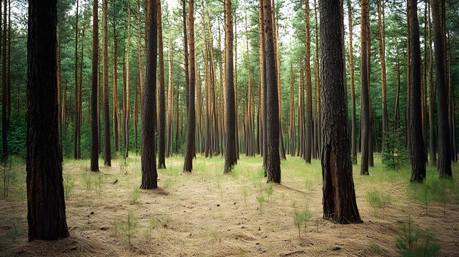 A dense pine forest features towering trees and a soft forest floor blanketed with pine needles, creating a serene and natural woodland environment.