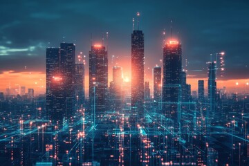 Fototapeta premium Futuristic Cityscape with Glowing Network Lines