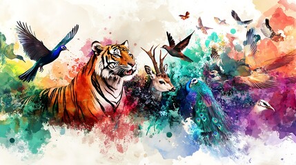 Creative collage artwork featuring a tiger in vibrant watercolors image