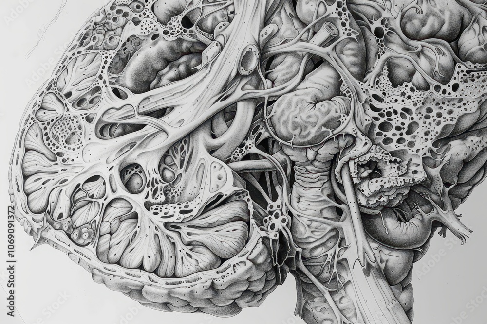 Poster intricate anatomical illustration of the human brain showcasing neural pathways and structures in de