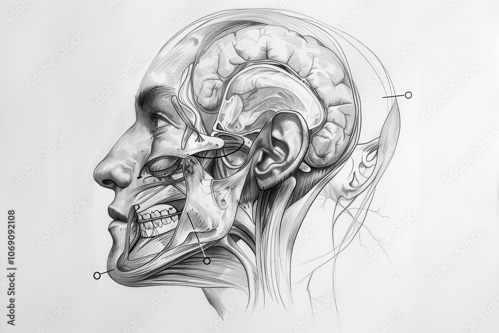Poster a detailed anatomical illustration of the human ear featuring cross-sectional views and labeled stru