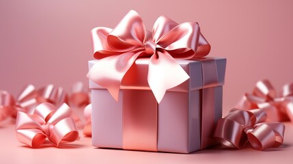 Obraz premium A delicate pink gift box with a soft ribbon on a pink background, ideal for gifts.