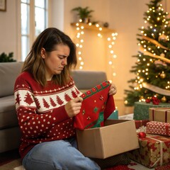 Sad disappointed woman opening Christmas gifts at home, she has received an ugly Christmas sweater