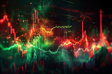 Fototapeta premium A visually compelling digital graphic of a stock market chart showcasing fluctuating red and green candlestick patterns with vibrant bokeh highlights