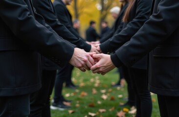 Group in Black Gathered Around Gravesite – Holding Hands and Offering Comfort