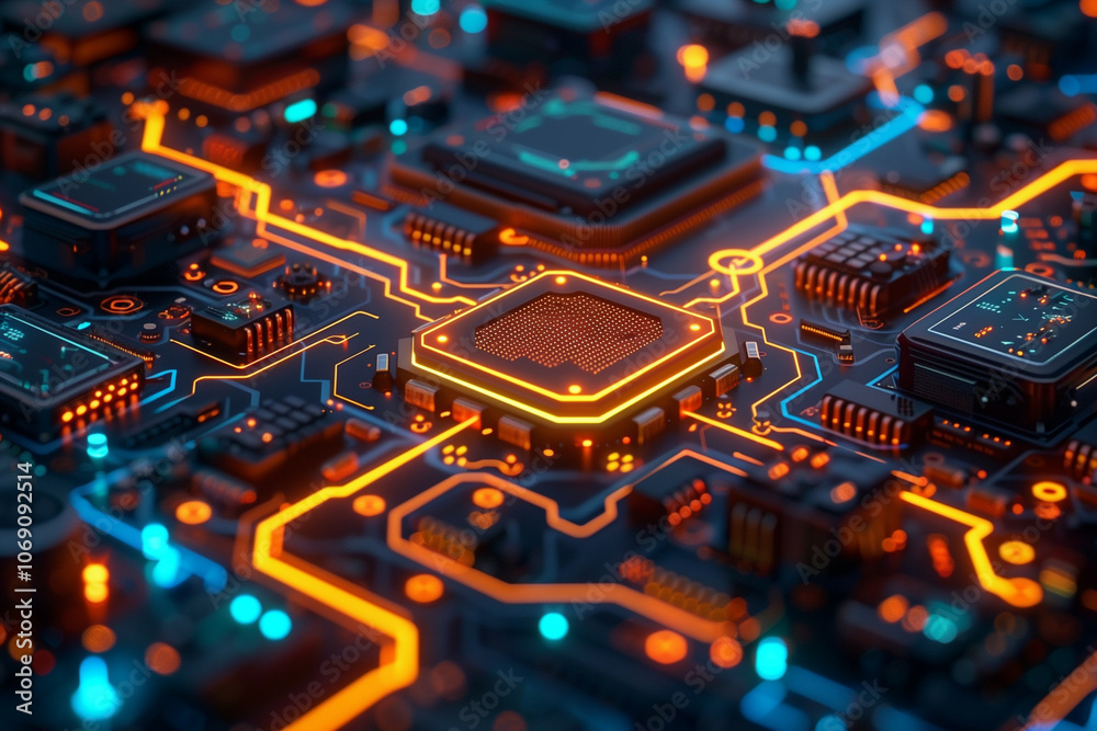 Wall mural a highly detailed futuristic view of an illuminated circuit board with advanced microchips and glowi