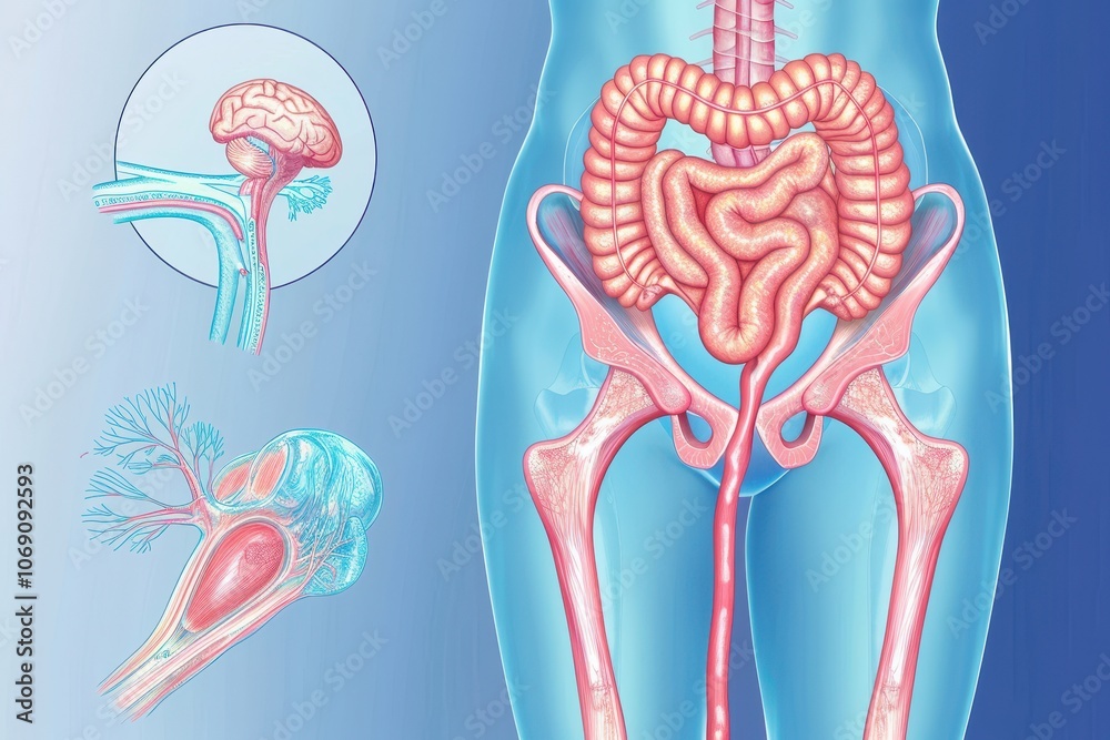 Poster anatomical illustration showcasing the human digestive and urinary systems with focus on the brain, 