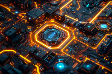 Fototapeta premium A highly detailed futuristic view of an illuminated circuit board with glowing orange and blue neon lights