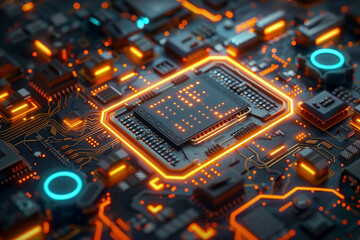 Fototapeta premium A highly detailed futuristic view of an illuminated circuit board with glowing orange and blue elements showcasing advanced technology