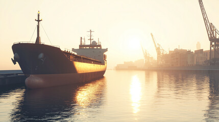 Industrial Cargo Ship Docked in Modern Harbor Under Bright Sunlight