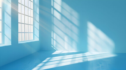 Obraz premium Soft Light Streaks Through White Windows in a Calm Blue Room 