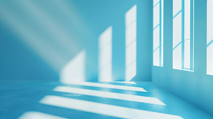 Obraz premium Bright Sky Blue Wall Room with Sun Shadows, Perfect for Product Photography 