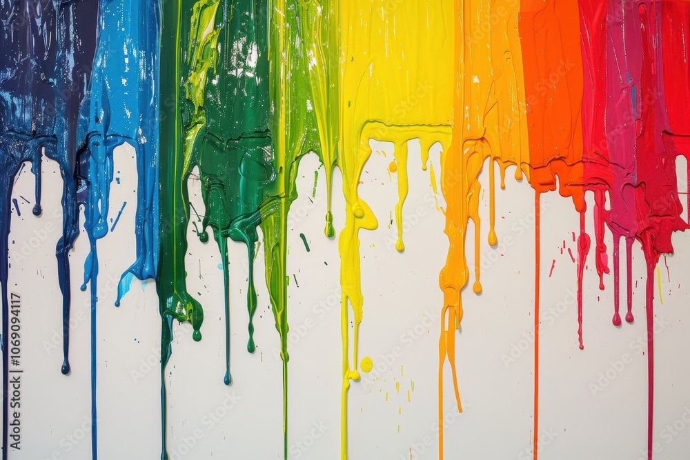 Fototapete Colorful paint drips create an artistic display on a textured surface in an indoor setting, showcasing various hues mixing together in a visually engaging manner