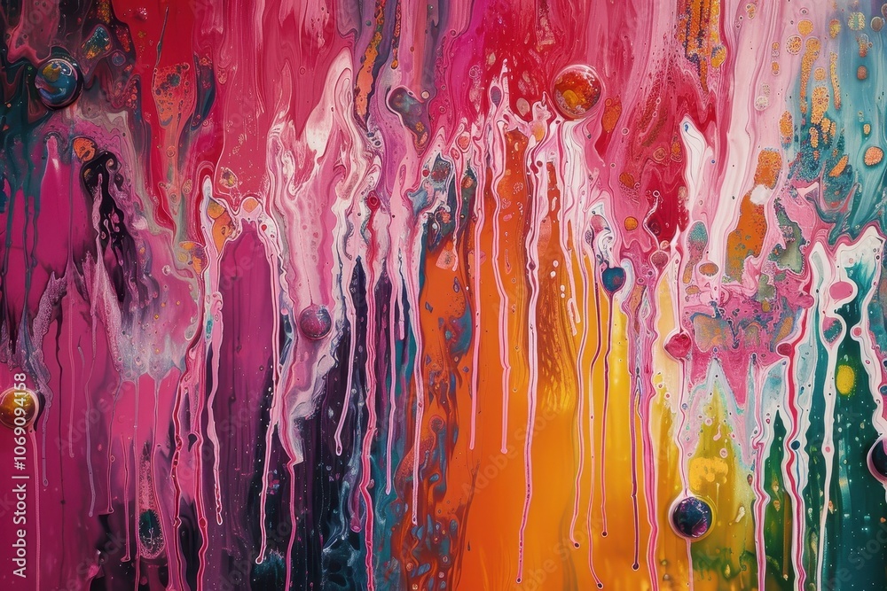 Aufkleber Colorful paint drips create an artistic display on a textured surface in an indoor setting, showcasing various hues mixing together in a visually engaging manner