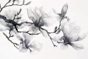 Delicate magnolia flowers bloom gracefully on a slender branch against a minimalist white background in this enchanting black and white illustration