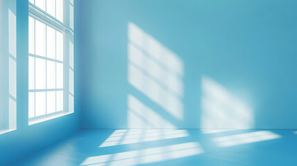 Fototapeta premium Contemporary Minimalist Room with Blue Abstract Design and Sunlight Effects 