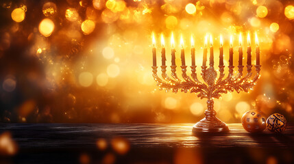 A classic Hanukkah scene with a fully lit menorah on a simple table, each candle casting a gentle light